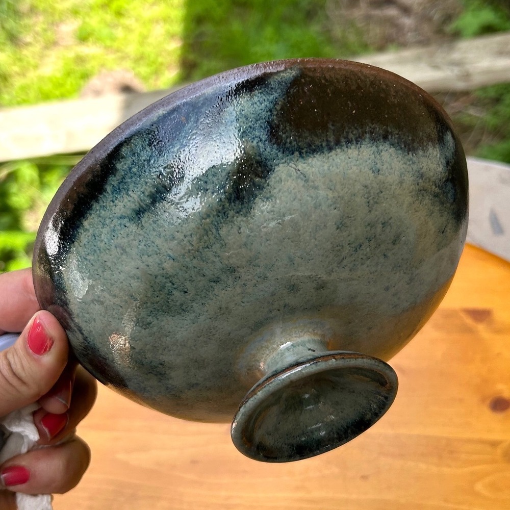 Vintage Ceramic Pedestal Bowl Large Teal Black Earthy Studio Pottery Art‎ Piece